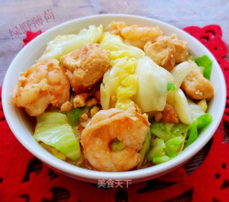 洋利剑菜炒虾仁豆腐的做法